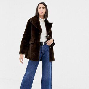 Warehouse faux fur boxy fit jacket chocolate brown size 8 mid length
